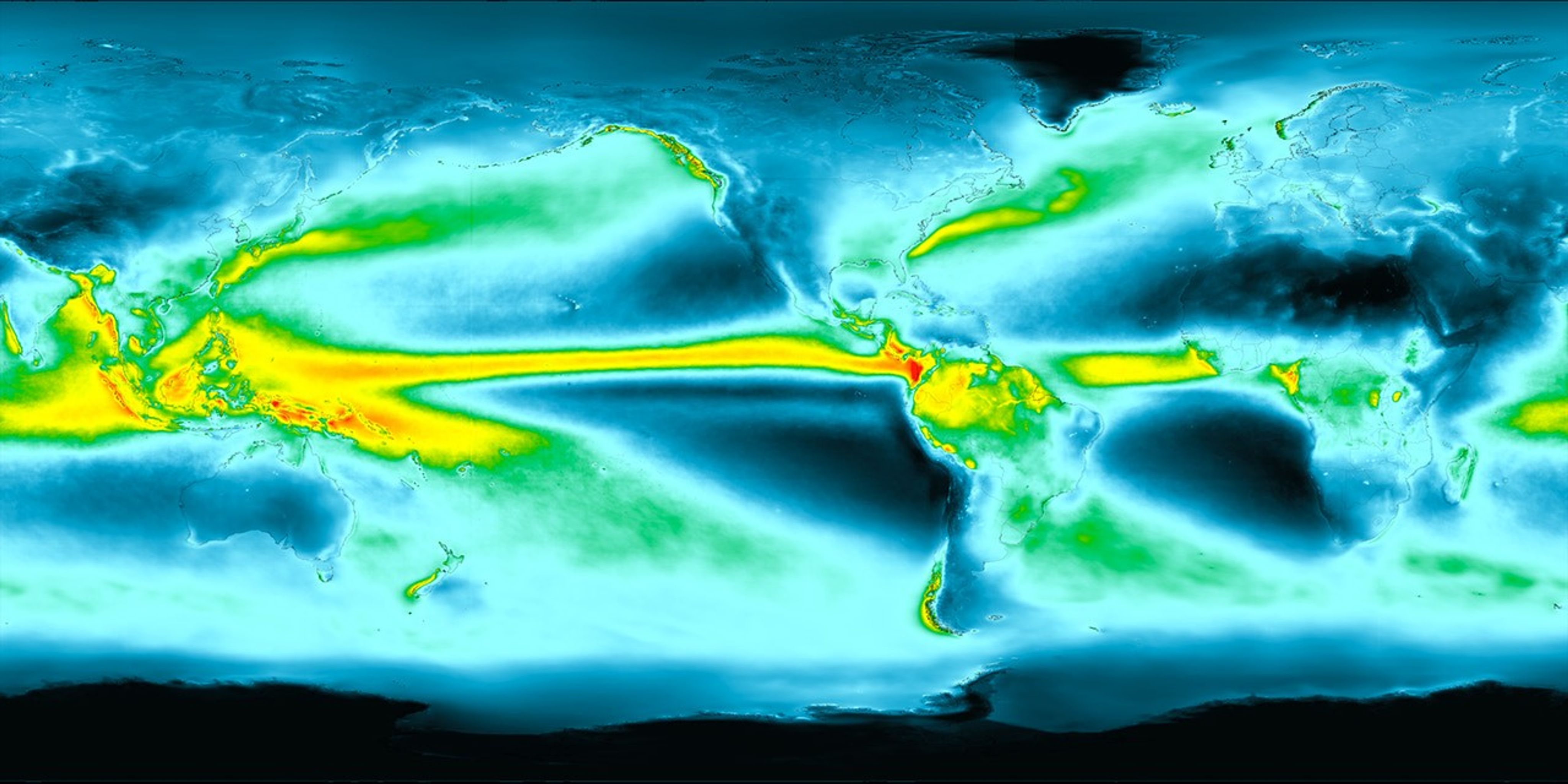 Light and dark blue splotches cover Earth as a yellow band streaks across the Pacific Ocean between Central America and Indonesia.